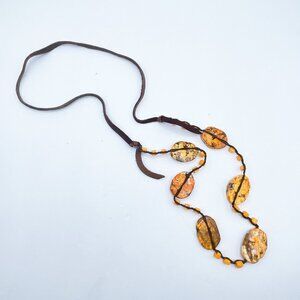 Adjustable Brown Suede Necklace With Precious Stones & Beads Orange Brown